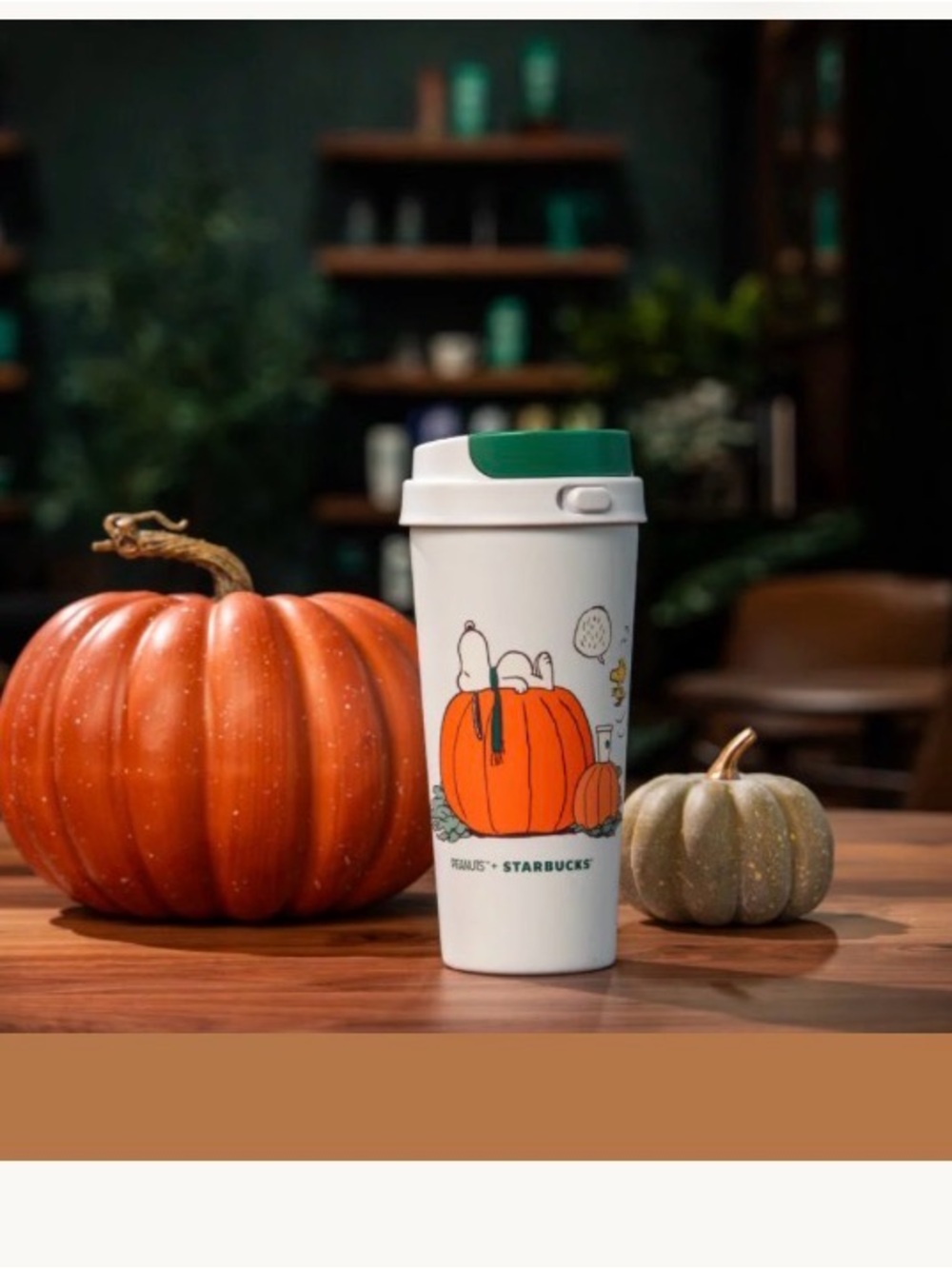 Starbucks Peanuts Pumpkin Travel Mug - White with Green Lid in box Authentic NWT